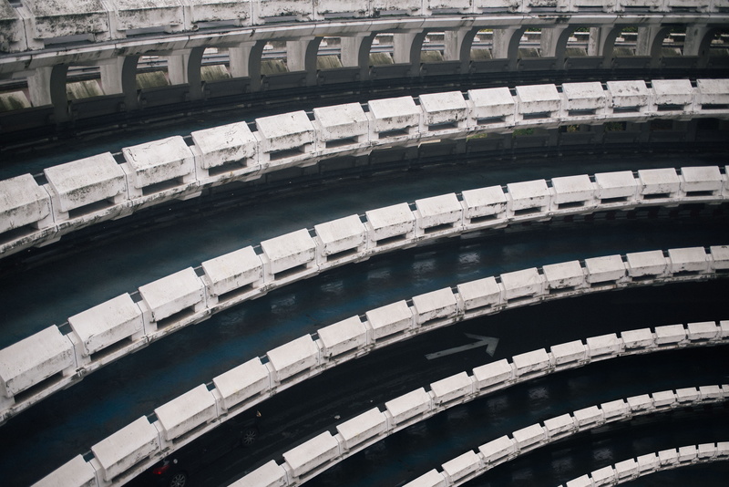 city, stadium, 5K, layers, repetition, pattern, roof, white, building, backgrounds, lot, paris, blue, day, transportation, arrow, spiral, parking, in a row