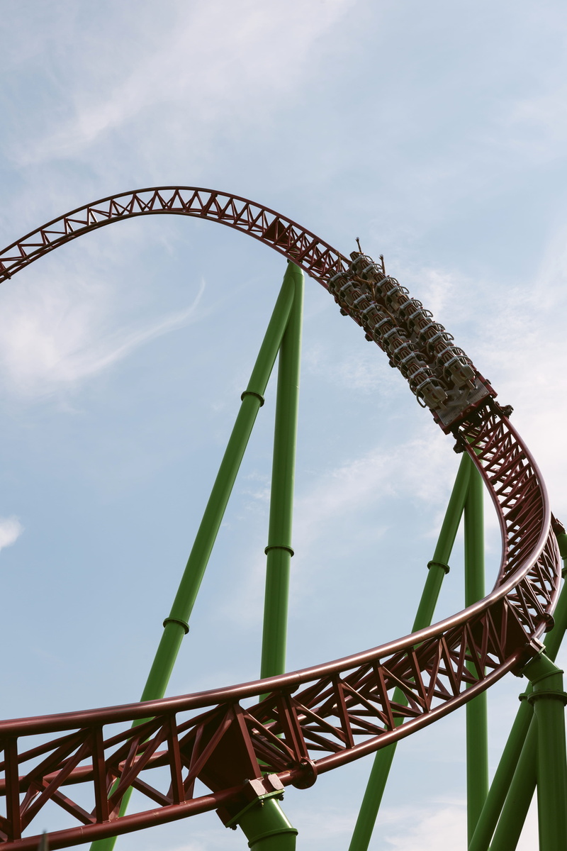 amusement park ride, roller, built structure, carnival, amusement park, daytime, high, nature, architecture, rollercoaster, 5K, low angle view, outdoors