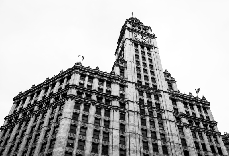 mag mile, outdoors, tribune, sky, history, black and white, building, clock, chicago, tower, bandw, architecture, tall - high, city, travel destinations