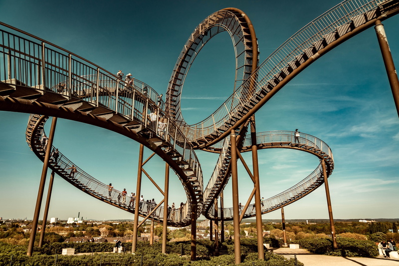 ruhr area, sky, metal, spiral, bridge, architectural column, low angle view, stairs, roller coaster, cloud - sky, tiger and turtle, plant, architecture