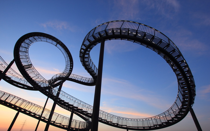 no people, metal, amusement park ride, clouds, turtle, art, emotion, roller, curve, sky, arts culture and entertainment, duisburg, fun, rollercoaster, architecture