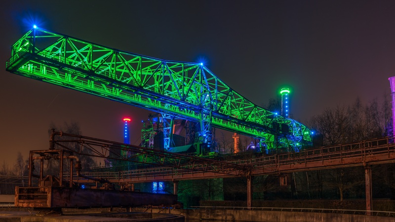 machinery, ruhr area, night photography, industrial park, connection, transportation, heavy industry, at night, landscape park, construction site, industrial heritage