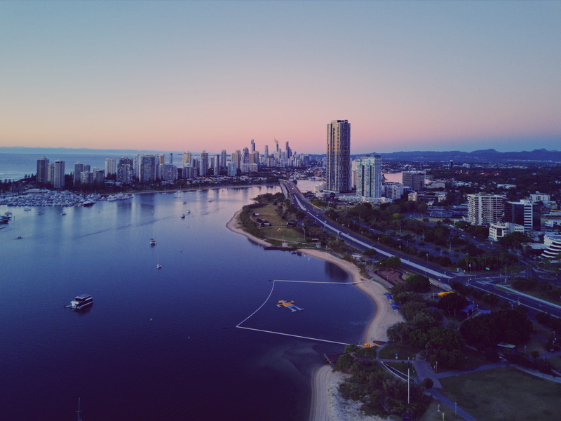 beach, outdoors, residential district, transportation, city, sunset, purple, 4K, tall - high, park, cityscape, sky, modern, australia, highway, urban skyline