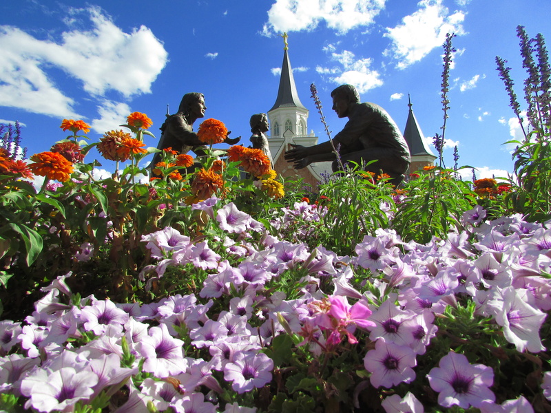 freshness, plant, flowers, human representation, cloud - sky, utah, growth, male likeness, flowering plant, day, beauty in nature, petal, statue, spirituality