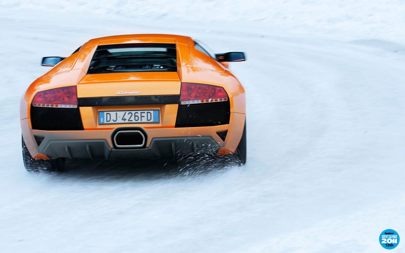 winter, snow, transportation, day, top gear, road, coupe, Murcielago, orange, taxi, mode of transportation, cold temperature, Lamborghini, white color