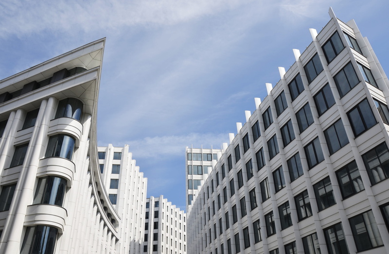 street, low angle view, glass buildings, pattern, day, building, office building exterior, 4K, window, office center, structure, building exterior, no people
