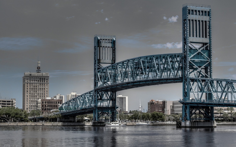 bridge, river, city, USA, Florida, cityscape, architecture, metal, yacht, ship, building, clouds, 2K, Jacksonville, trees