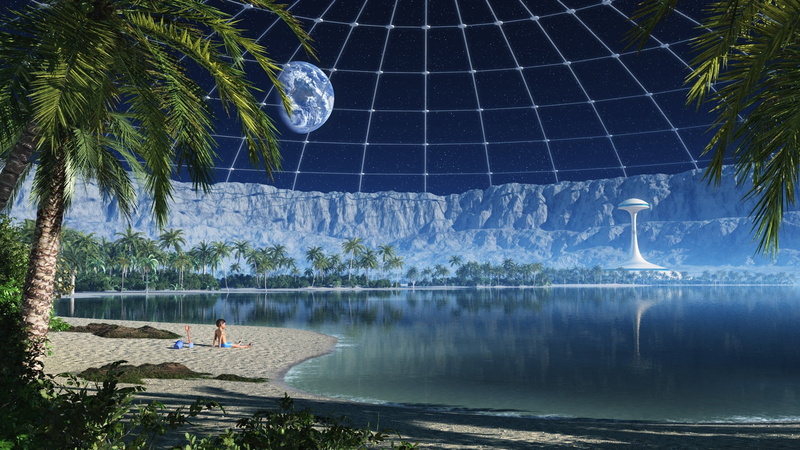 adult, star - space, mountain, sky, fantasy art, lake, universe, dome, futuristic, globes, scenics - nature, sphere, mountains, 1080P, body, reflection