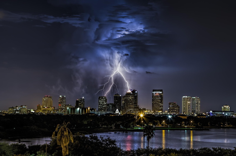 Cityscape, night, USA, city, clouds, nature, storm, Florida, Lightning, Tampa, 1080P