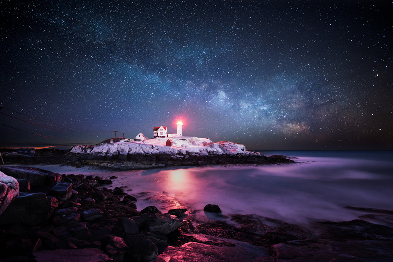 the Atlantic ocean, light, York Corner, lighthouse, USА, stars, the sky, Concordville, 1080P, island