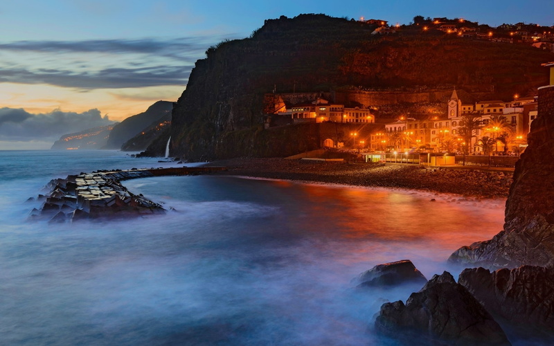 city, Portugal, landscape, cliff, evening, nature, island, beach, 1080P, sea, madeira, lights, photography, bay, architecture