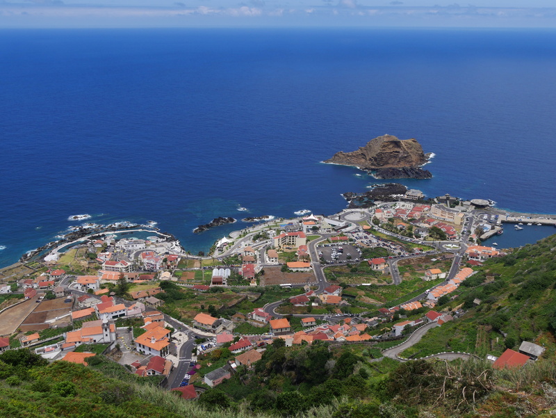 atlantic, outdoors, building exterior, sky, bay, high angle view, madeira portomoniz, ocean, beach, architecture, rocky coast, portugal, townscape, landscape