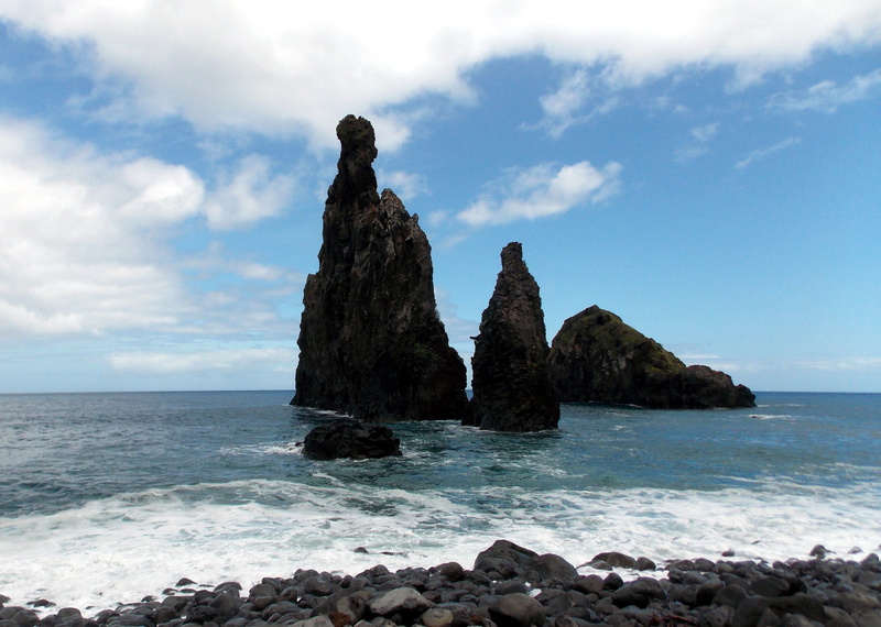 rock formation, atlantic, solid, ocean, spray, flower island, land, madeira, tranquil scene, beach, stone beach, portugal, wave, holiday, scenics - nature