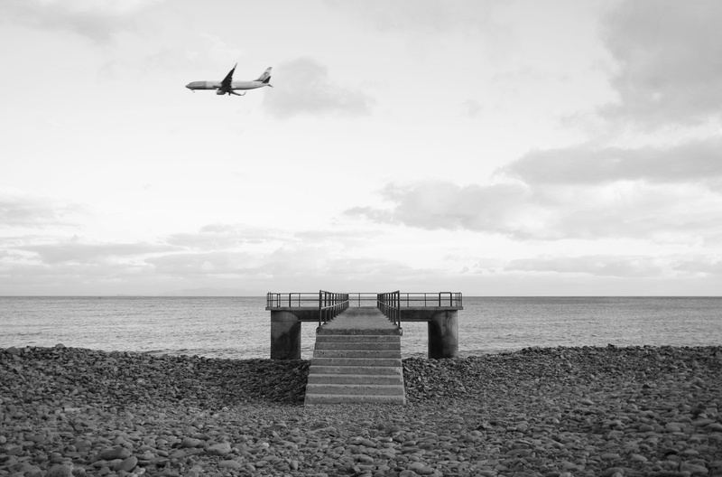 black and white, nature, coast, 2K, funchal, portugal, air vehicle, plane, mode of transportation, beach, land, scenics - nature, no people, water, sky