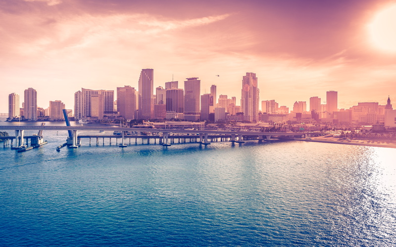 usa, water, downtown, photography, blue, cityscape, sky, florida, skyline, miami, city, 5K, bridges, sunset, pink, miamiflorida