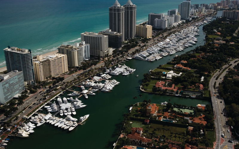 panorama, Miami, aerial view, Indian creek, Florida, 2K, cityscape