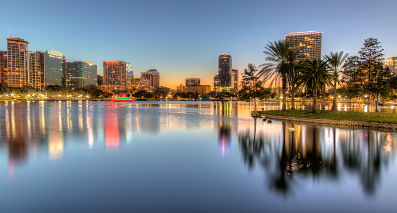 Florida, View, sunset, Reflection, Lake Eola, building, sea, architecture, Classic, HDR, panorama, eola, orlando, cityscape, panorama photography, urban Skyline