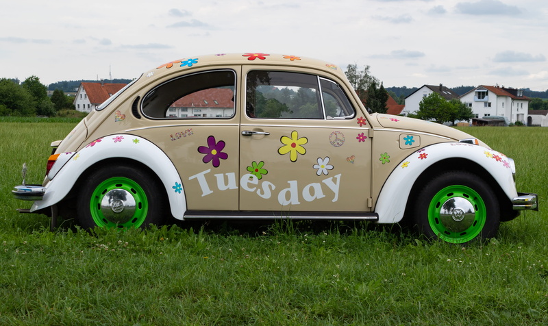 grass, volkswagen, transportation, automotive, pkw, days of the week, vw, outdoors, 4K, retro styled, nature, beetle, sky, green color, land, vehicle
