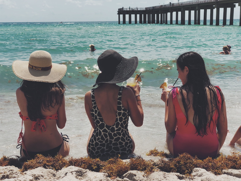 people, friends, swim, swimsuits, water, women, sunny isles beach, animal print, three quarter length, happy, vacations, beach, nature, pina colatas, miami beach