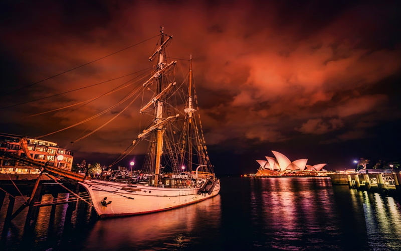 reflection, sky, sailing ship, harbor, ship, illuminated, night, Australia, mode of transportation, water, city, sailboat, built structure, transportation