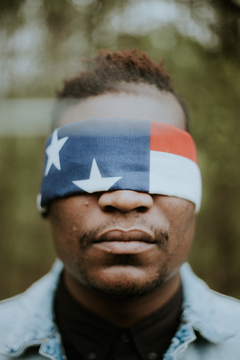 american flag, Blind, color Image, male, real people, males, one Person, man, day, Eyes, adult, men, human body part, looking at camera, emotion, blindfolded