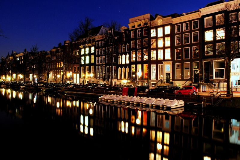 window, capital, scene, Holland, netherlands, illuminated, bicycle, boat, building exterior, Canal, summer, moored, blue, city, bridge, no people, cityscape