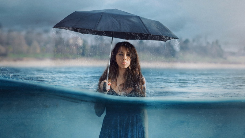 sea foam, Photoshop, underwater, beach, water, brunette, women, model, umbrella, island, rain, 720P