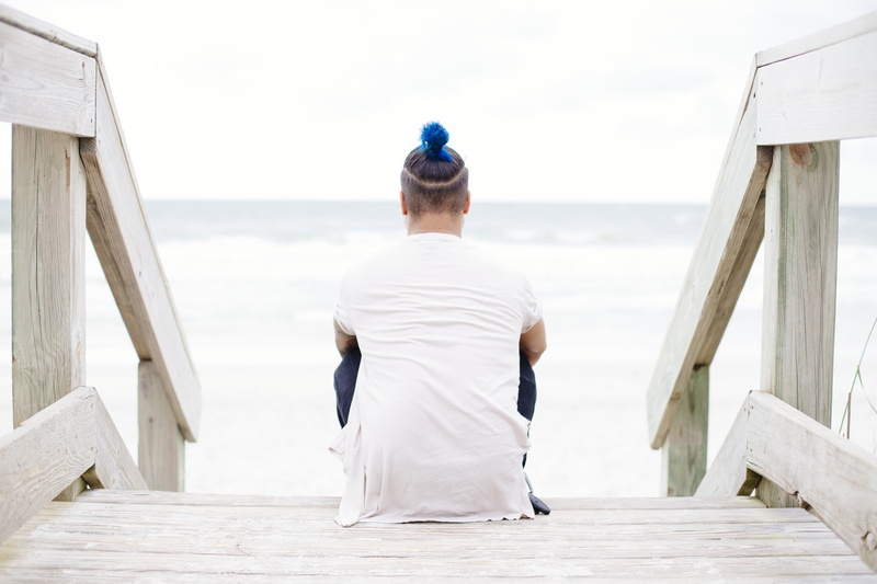 white, contemplation, shirt, ocean, style, sitting, man, beach, adult, shore, wooden, view, architecture, person, holiday, men, stairs, trip, rear view