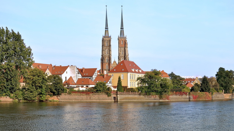 spirituality, building exterior, 1080P, religion, outdoors, tree, building, waters, poland, waterfront, tower, wroclaw, no people, st johns cathedral