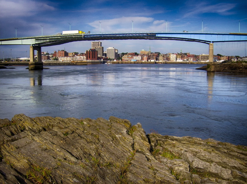 building exterior, architecture, 2K, outdoors, rocks, bridge - man made structure, inlet, cloud - sky, St Johns, outside, Brunswick, river, built structure
