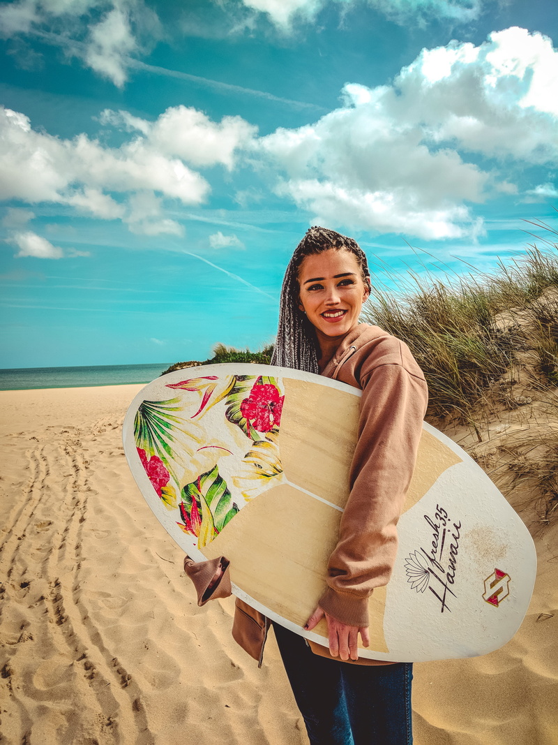 portrait, braids, beach, land, young adult, surboard, holding, standing, teen, young women, sand, portugal, fashion, ocean, looking at camera, smile, nature