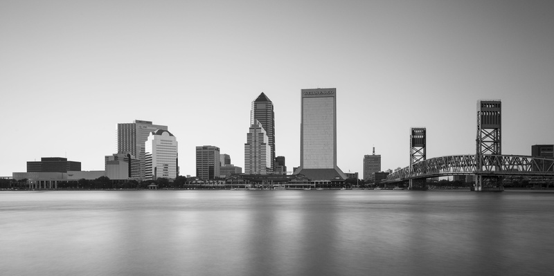 cityscape, black and white, water, city, jacksonville, reflection, sykscraper, florida, landscape, city life, downtown, bridge, building, building exterior
