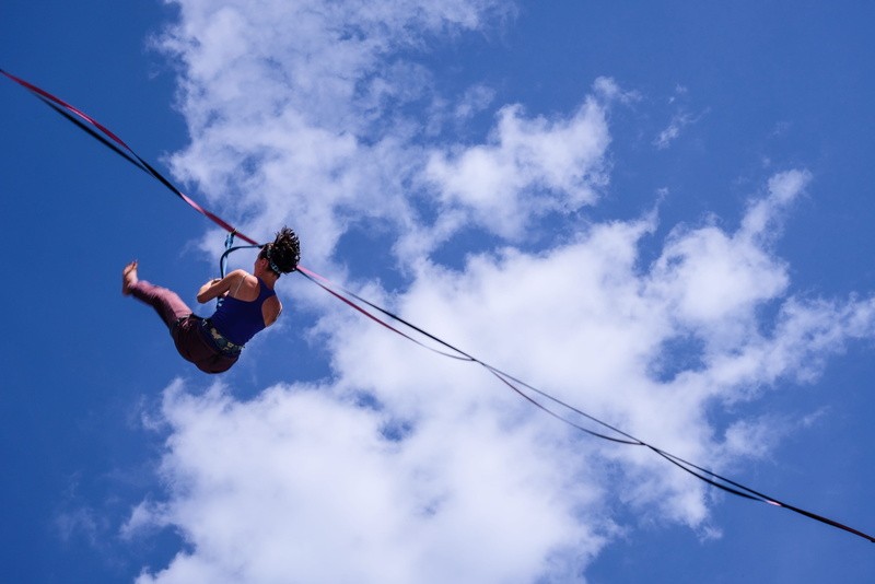 bungee, person, child, enjoyment, sky, air, blue, one person, lifestyles, outdoors, girl, kid, leisure activity, blonde, real people, slackline, swing