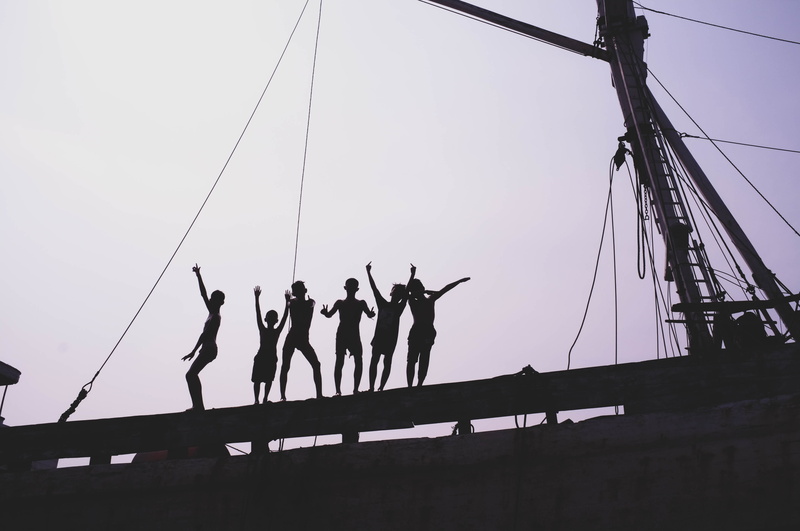 rope, nature, sport, cable, post, adult, utility pole, sailboat, person, togetherness, clear sky, acrobatic, kids, adventure, construction crane, silhouette