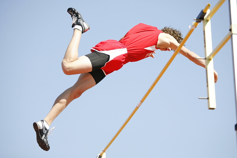 man, clear sky, day, sunny, pole vaulter, full length, action, competition, jumping, human limb, effort, one person, challenge, low angle view, nature