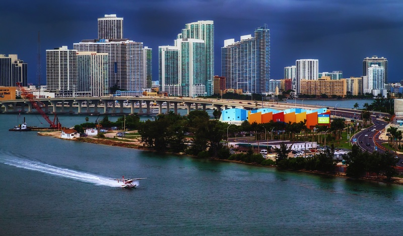 no people, water, urban Skyline, channel, office building exterior, city, waterfront, skyscraper, commercial port, miami, sea, downtown District, 4K, aircraft