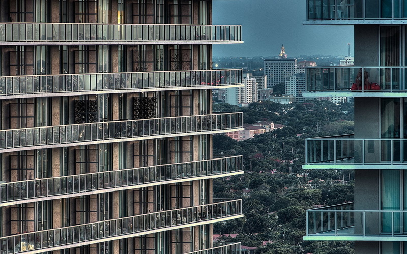 cities, bridges, usa, night, ocean, beach, art, light, sea, floride, 720P, miami, florida, towers, buildings, architecture, roads, port, city