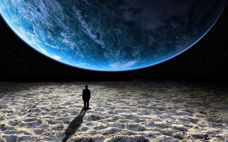 creative, surface of planets, space, front, space fantasy, sand, fantasy, 1080P, planets, man, surface, standing, eart, watching
