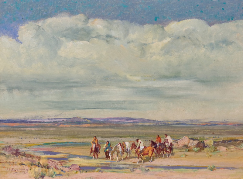 horse, 1951, river, the Indians, 1080P, Stream in the Desert, clouds, Oscar Edmund Berninghaus