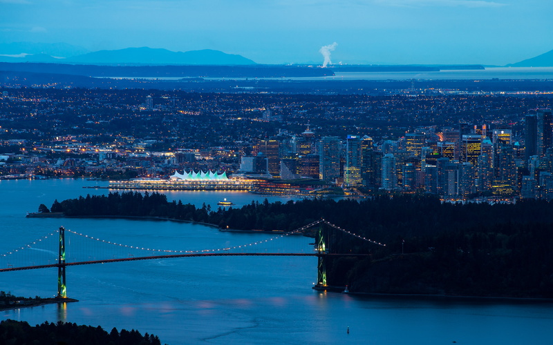 bridge, cityscape, vancouverbritishcolumbia, canada, lionsgatebridge, dusk, gate, cities, long‑exposure, lions, water, skyline, blue, 4K, britishcolumbia