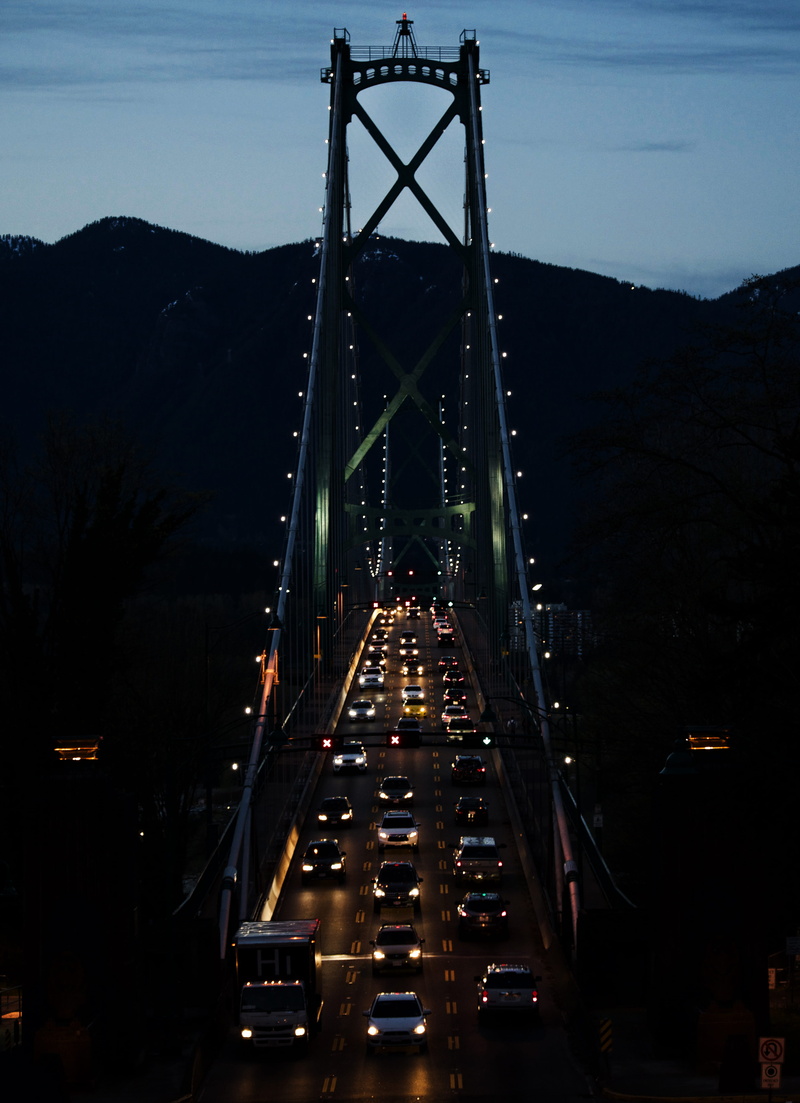 nature, engineering, suspension bridge, transportation, cars, sky, built structure, motor vehicle, dusk, travel, city, mode of transportation, 4K, lions gate bridge