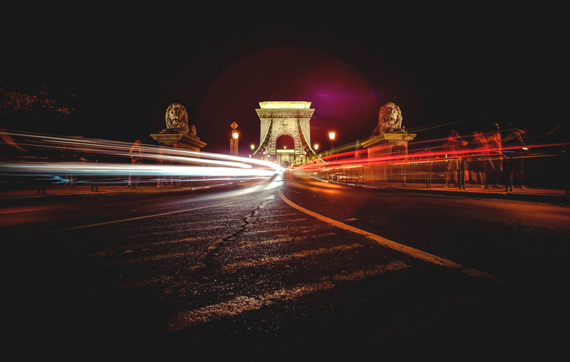 buda, transportation, city, blurred motion, light, nighttime, lights, time, lion, ruver, statue, road, speed, architecture, landscape, night, monument