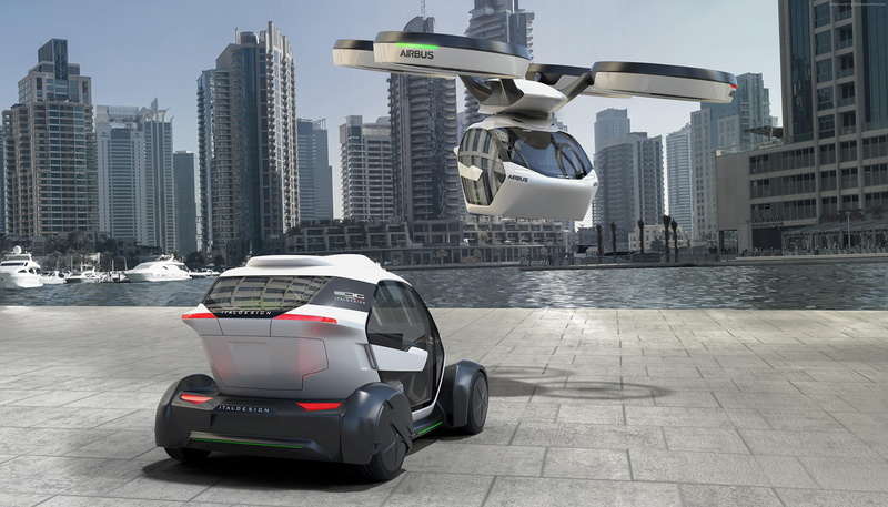 outdoors, built structure, cityscape, office building exterior, motor vehicle, day, land vehicle, car, skyscraper, Airbus Pop.Up, no people, Geneva Motor Show 2017