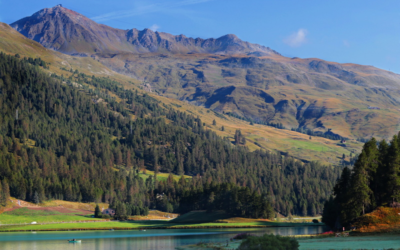alpine, boat, angler, idyllic, mountain, silvaplana, mountains, remote, transportation, scenics - nature, tree, graubünden, panoramic image, plant, engadin