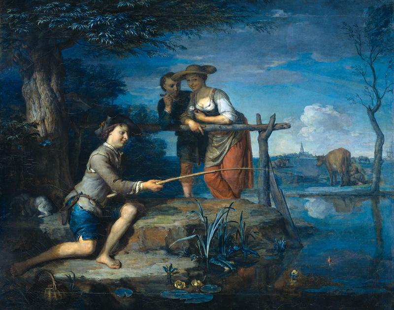 oil, landscape, canvas, cow, Karel de moor, people, 1080P, Angler, picture