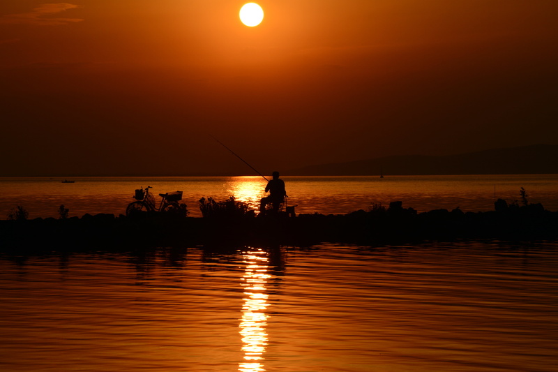 people, lake, scenics - nature, reflection, water, fisherman, lights, landscape, angler, fishing, outdoors, sea, men, real people, lake balaton, summer