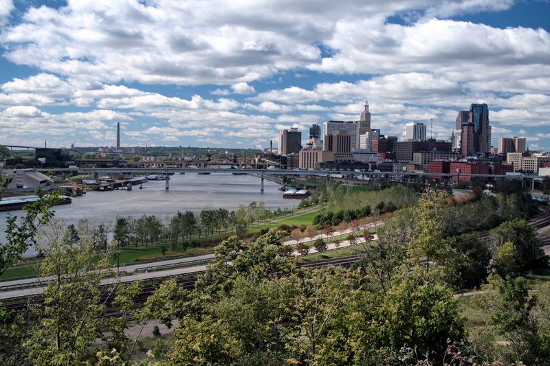 river, built structure, minnesota, nature, tree, urban, summer, mississippi river, aerial, water, high angle view, cloud - sky, cityscape, architecture
