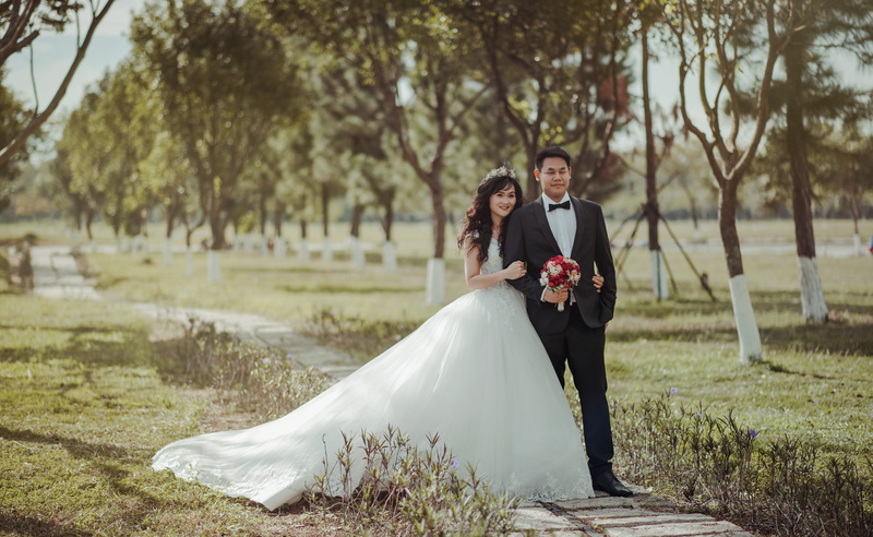 trees, wedding dress, blur, wearing, engagement, bridegroom, two people, females, hug, dress, suit, plant, positive emotion, girl, people, wife, plants