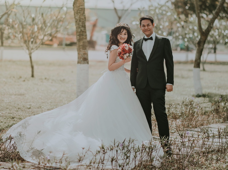 wedding dress, love, smiling, groom, black, togetherness, happiness, happy, two people, romance, trees, celebration, men, near, people, grass, bridal, bride