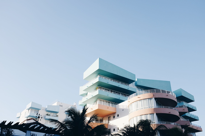 balcony, palm tree, sky, building, color Image, built Structure, blue, tree, architecture And Buildings, building Exterior, pastel, travel Locations, city